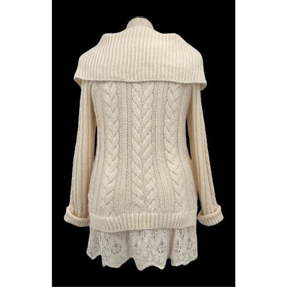 Knox Rose Cream Knit Cowl Neck Lace Hem Sweater Size Large Chunky Cable Knit - Picture 3 of 5